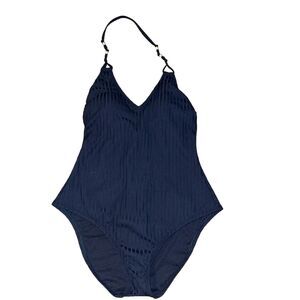 Shade & Shore Women's Ribbed One Piece Swimsuit Bead Knot Swimwear Sz L Black